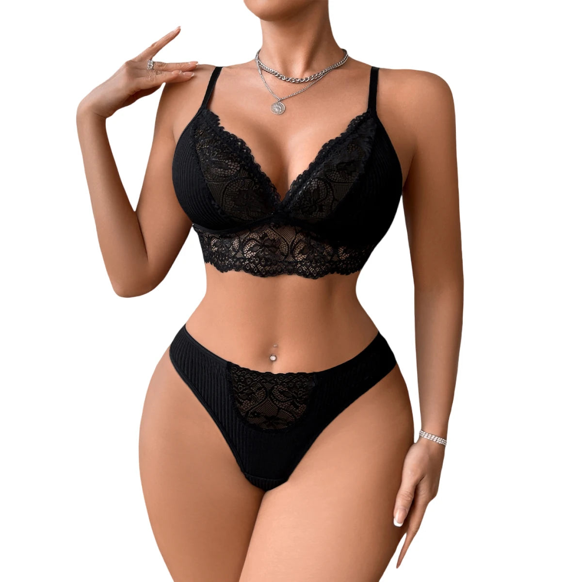 2pcs/Set Women's Underwear Set Sexy Lace Ribbed Bras Panty Sets Breathable Floral Sexy Lingerie Outfit Wire-Free Padless Bras