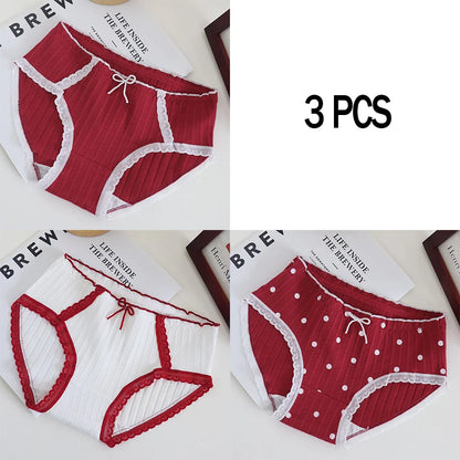 3pcs Cotton Women's Panties Sweet Cute Printed Student Mid-Waist Underwear Fashionable Breathable Girls Daily Briefs