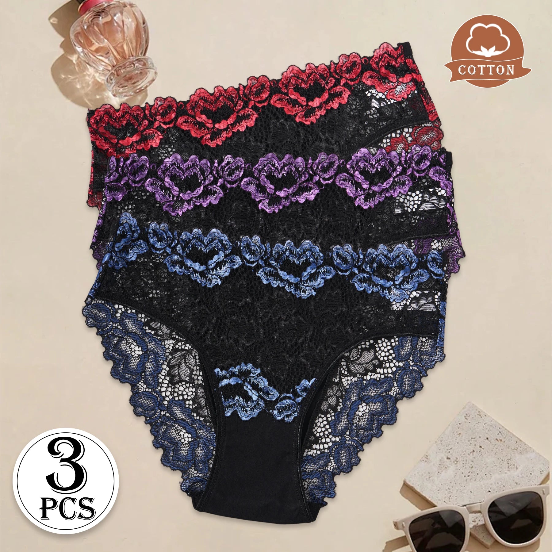3PCS Popular Contrast Lace Floral Cotton Patchwork Panties for Women Hollow Out Lace Trim Sexy Underwear New Comfortable Briefs