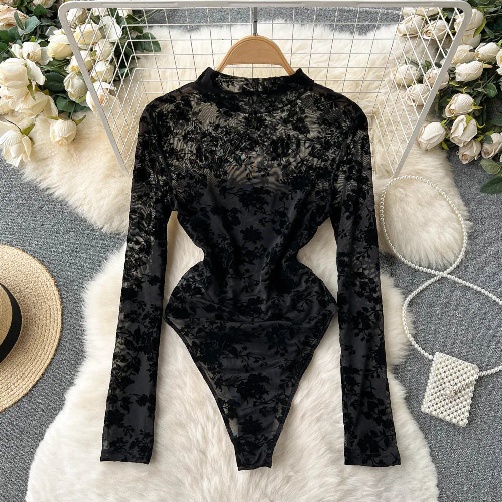 Women's Sexy Lace Bodysuit Flocked Print Sheer Mesh Leotard Long Sleeve See Through Jumpsuit Clubwear Lingerie for Valentine Par