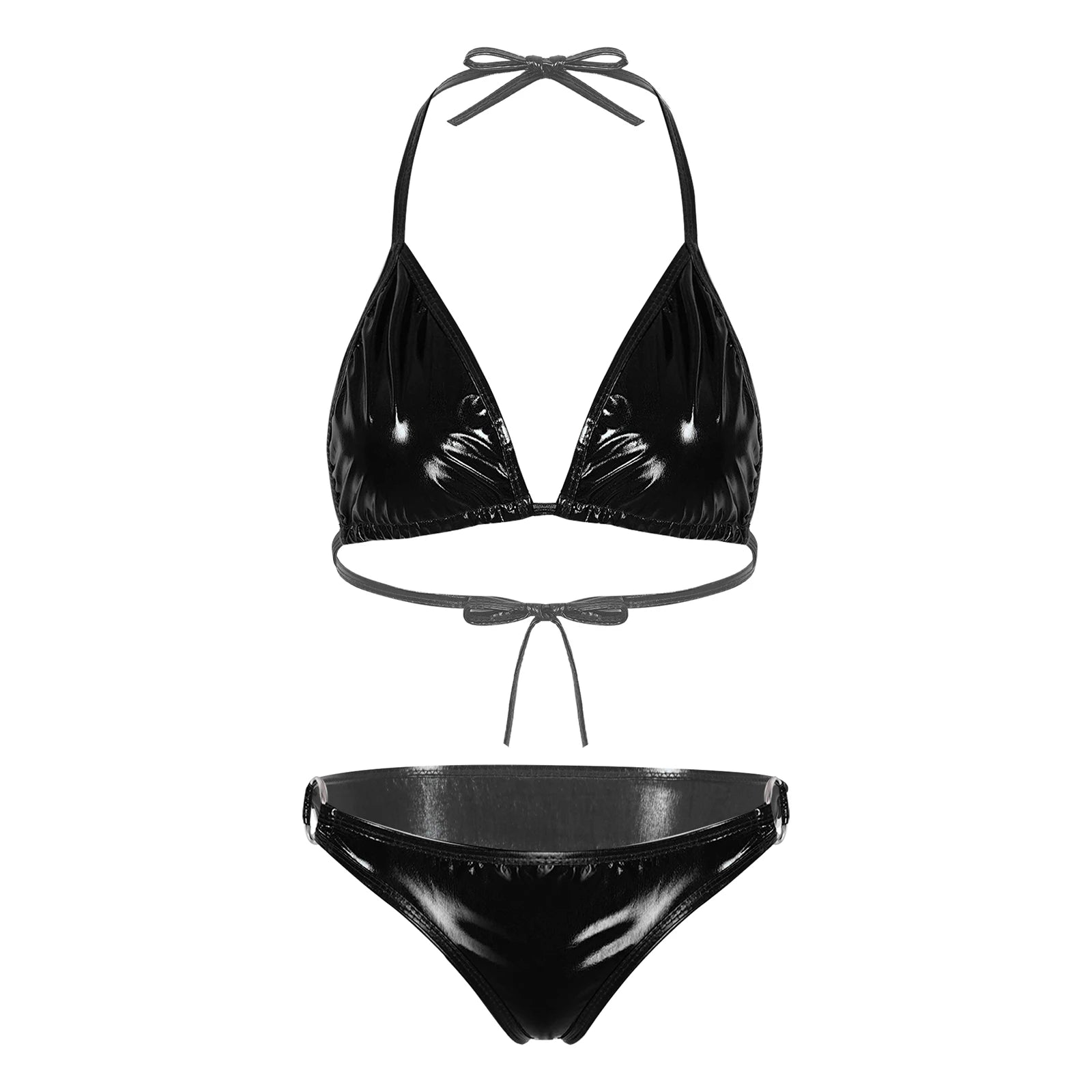 Women's Metallic Shiny Halter Brazilian Bikini Swimwear with O-Ring Detail Swimsuit for Pool Party And Swimming