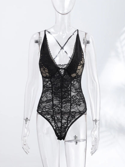 Sexy Lace Halter Bodysuits Women's Slim Sleeveless Waist-cinching Deep V-neck Suits 2026 New Ladies Spring Summer Solid Outwear