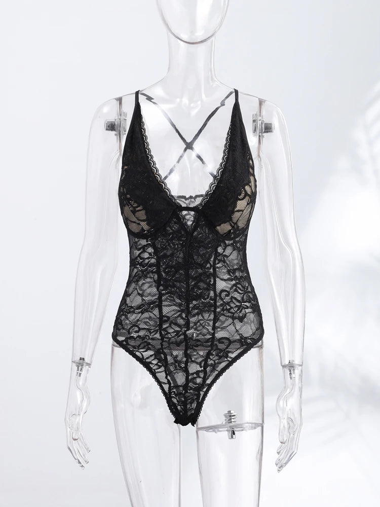 Sexy Lace Halter Bodysuits Women's Slim Sleeveless Waist-cinching Deep V-neck Suits 2026 New Ladies Spring Summer Solid Outwear