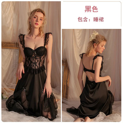 White Perspective Female Robe Set Lace Kimono Nightdress Sleepwear Summer Bathrobe Nightgown Suit Women Mesh Home Wear Clothing