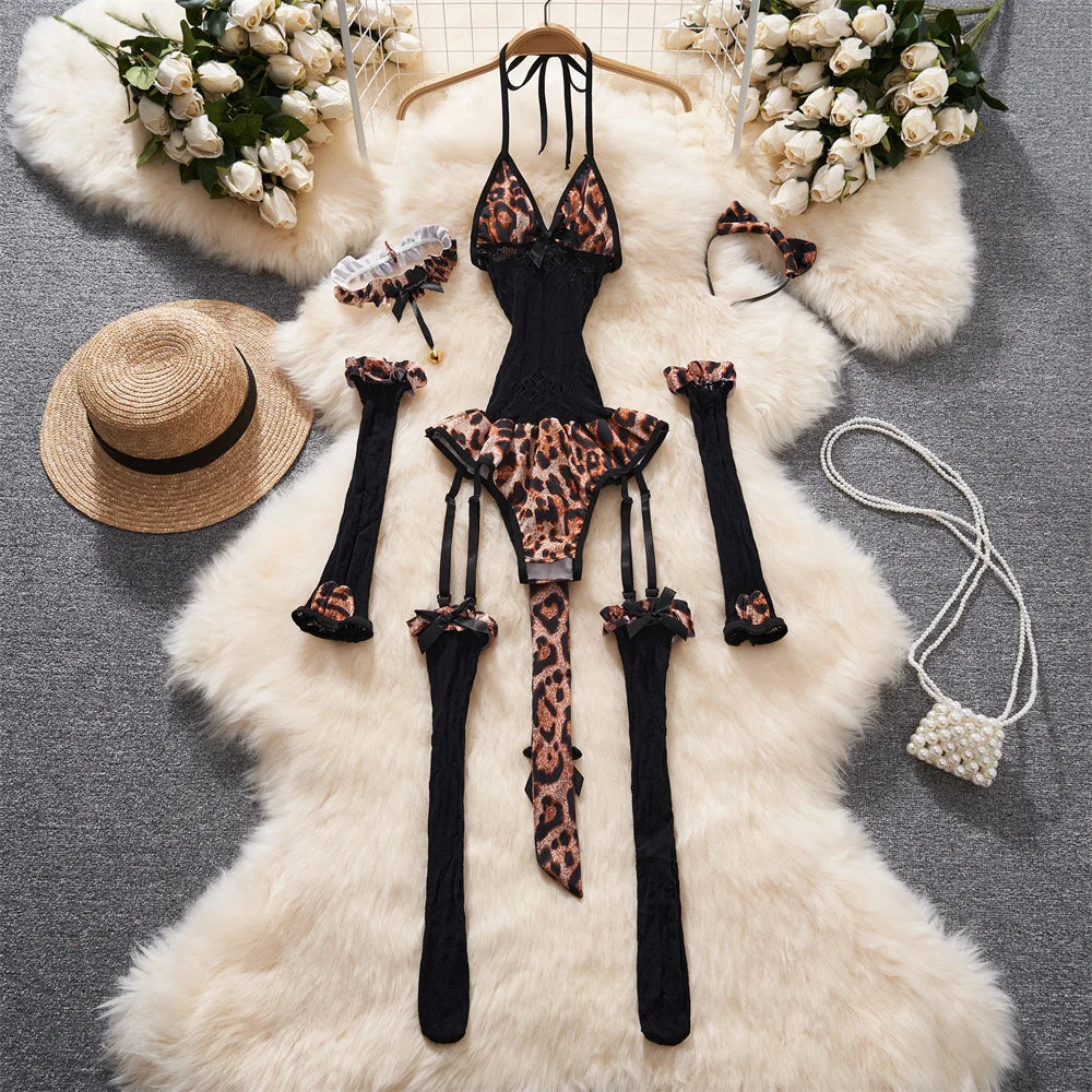 Women Strap Hollow Out Backless French Style Striped Erotic Playsuits Cosplay Slim Fit Underwear Black Lingerie Sexy Bodysuits