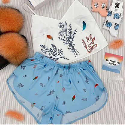 New Satin Silk Pajamas Set for Women Flower Print Sleepwear Sexy V-neck Sleeveless Top Nightwear Pijamas Home Clothes Loungewear