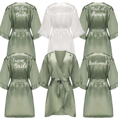Grass Green Bride Satin-Silk Robe Women Bridal Party Sister Team Mother Shower Gift Bridesmaid Wedding Short Robes with Ruffle