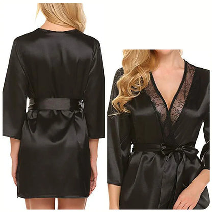 Women Sexy Lace Satin Robe Sleepwear Short Nightgown Kimono Bathrobe Lingerie Nighty Dress Soft Comfortable Black Plus Size