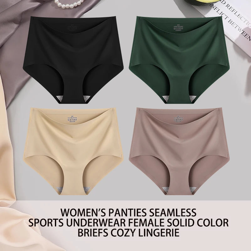 4PCS/SET Plus Size Underwear Women's Panties Ice Silk Solid Color Ladies Seamless Underpants High Waist Sexy Breathable Lingerie