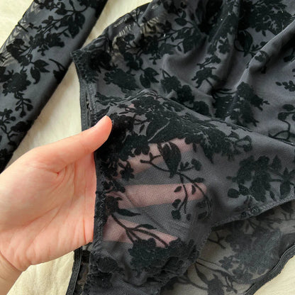 Women's Sexy Lace Bodysuit Flocked Print Sheer Mesh Leotard Long Sleeve See Through Jumpsuit Clubwear Lingerie for Valentine Par