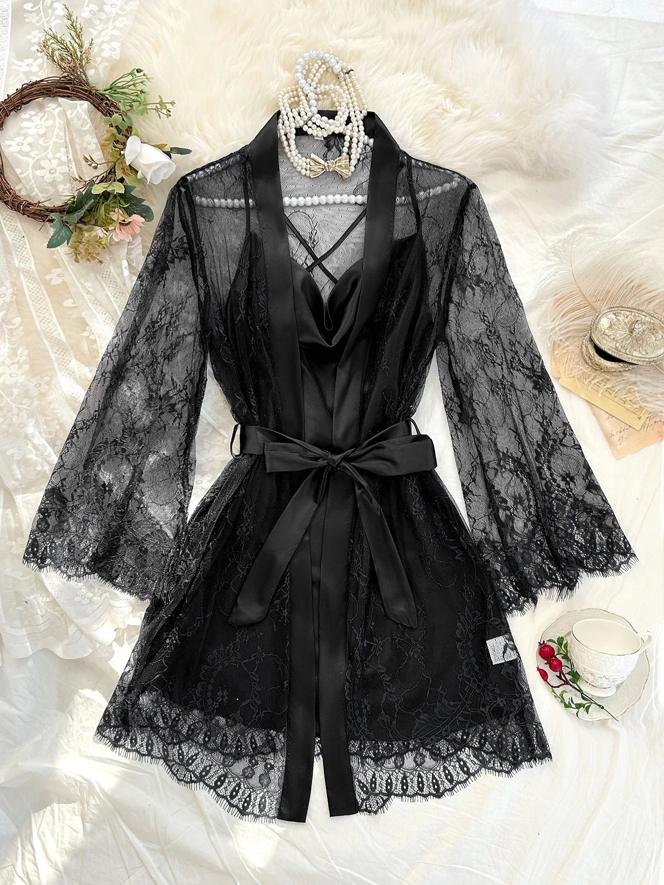 Sexy Elegant Pure Color Mesh Nightgown Set Transparent Lace Robe Sleepwear Casual Comfortable Women's pajamas