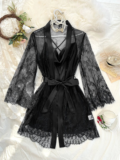 Sexy Elegant Pure Color Mesh Nightgown Set Transparent Lace Robe Sleepwear Casual Comfortable Women's pajamas