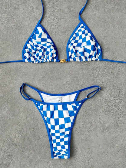 Sexy Swimsuit 2026 New Micro Bikini Women Plaid Swimwear Gold Ring High Leg Two Piece Bathing Suit Strappy Beachwear Biquini