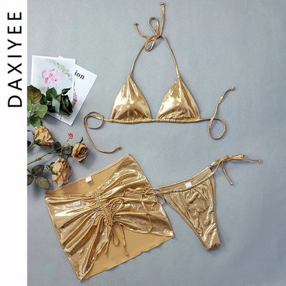 Shiny Golden Silver 3 Piece Bikini Set with Cover Up Sexy Micro Thong Swimsuit Women 2025 Drawstring Halter Swimwear Beachwear
