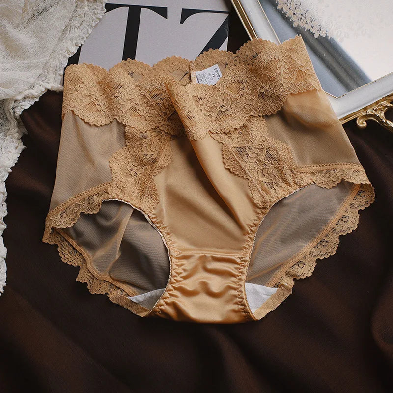 Women Luxury Lace Exquisite Sexy Mesh Transparent Satin Panties Elasticity Breathable Middle Waist Underwear Embroidery Breifs