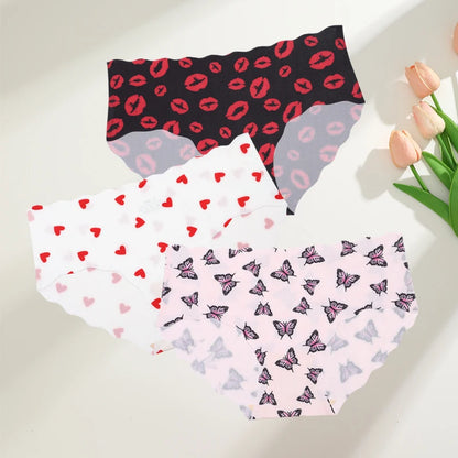 FINETOO 3Pcs Seamless Print Underwear for Women Sexy Leopard Butterfly Briefs Female Ice Silk Panties Comfortable Lingerie S-XXL