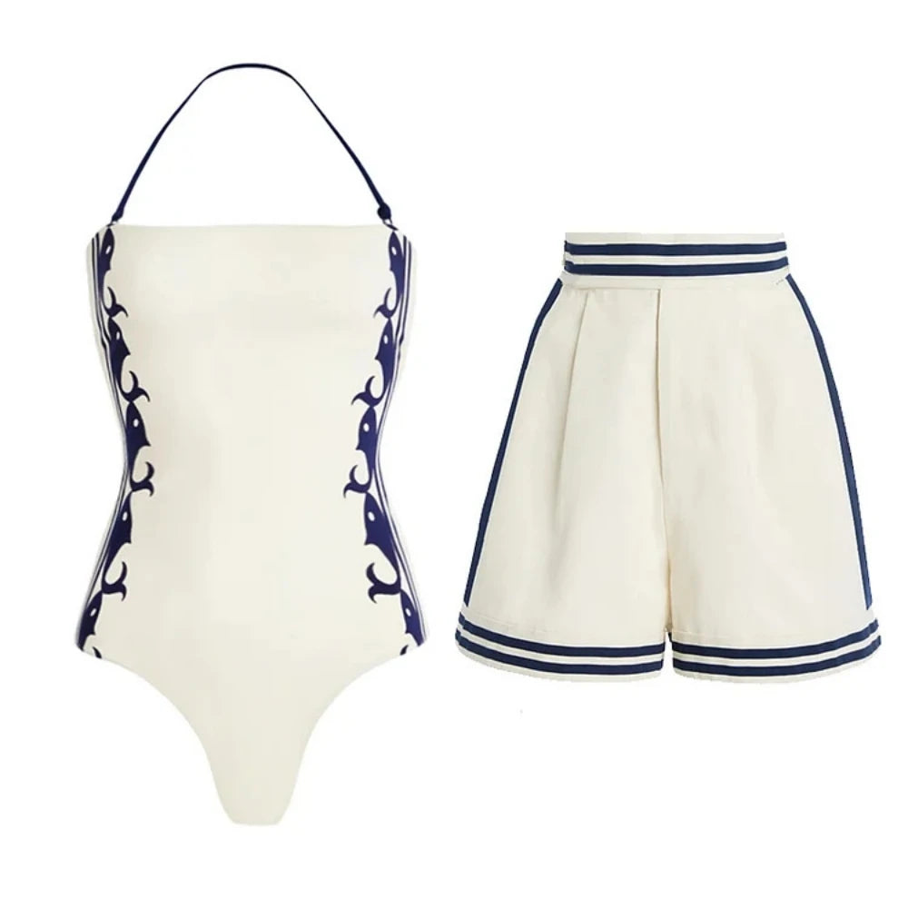 2025 Sexy Women's Swimsuit New Strapless Simple One-piece Swimwear with Shorts Two-piece Set Sliming Bodysuit Beachwear Monokini