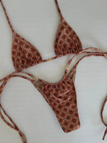 2025 New Sexy Low Waisted Micro Bikini Sets Swimsuit Swimwear Women Strappy Print Floral Halter Beachwear Bathing Suit biquini