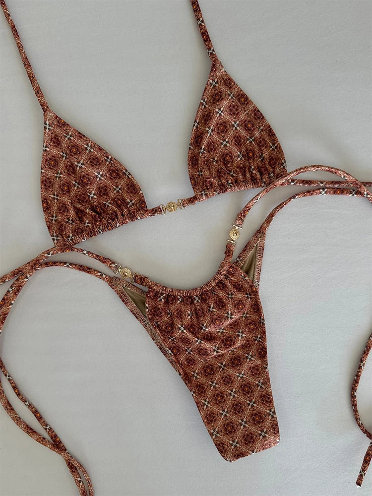 2025 New Sexy Low Waisted Micro Bikini Sets Swimsuit Swimwear Women Strappy Print Floral Halter Beachwear Bathing Suit biquini
