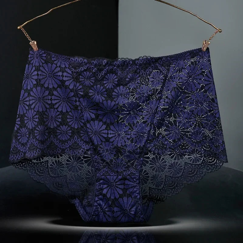 1Pc Fashion Women High Waist Plus Size Panties Lace Mesh Floral Transparent Briefs Underwear Solid Seamless Underpants Lingerie