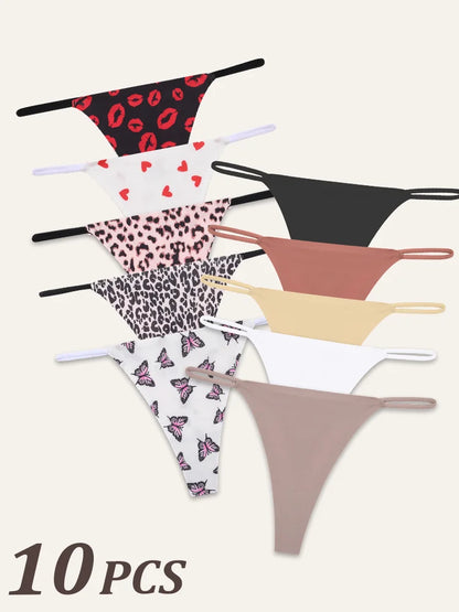 10Pcs Women Seamless Thongs Thin Strap Low Waist High Flexibility Panties Sexy Underwear Ladies Briefs T-back Comfortable Women