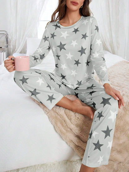 Women's Four-Season Spring and Summer Long-Sleeved Pajamas, Casual, Comfortable and Cute Star-Printed Long-Sleeved Pants Set for