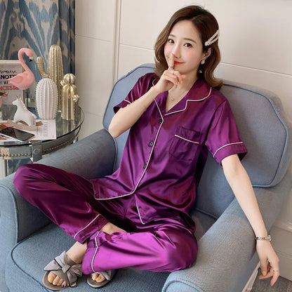 Womens Silk Satin Pajamas Pyjamas Set Long Sleeve Sleepwear Pijama Pajamas Suit Female Sleep Two Piece Set Loungewear Plus Size