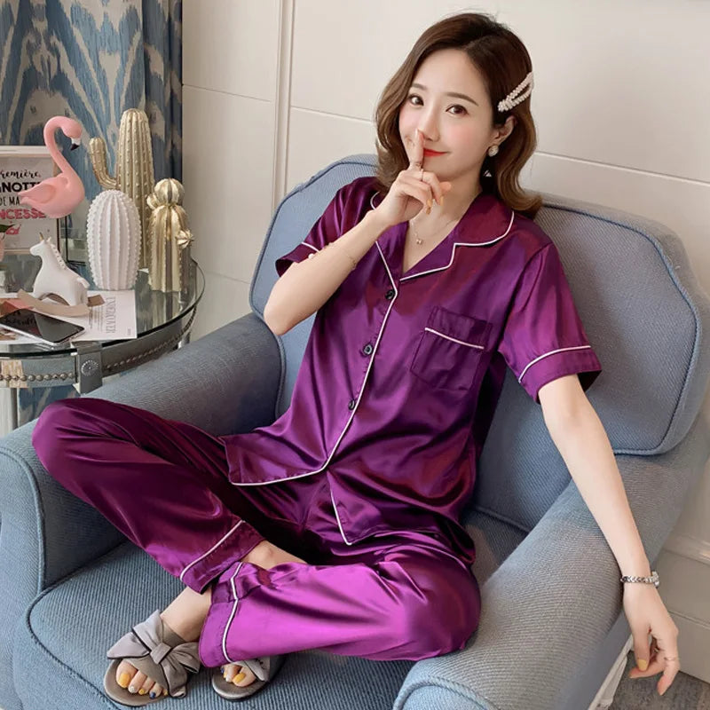 Womens Silk Satin Pajamas Pyjamas Set Long Sleeve Sleepwear Pijama Pajamas Suit Female Sleep Two Piece Set Loungewear Plus Size