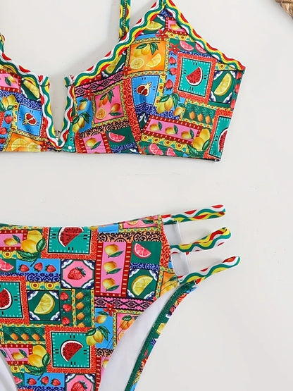 Strappy  V Wire Bikinis 2026 Sexy Triangle Swimwear Female Printed Swimsuit Women Bather Bathing Swimming Suit Padded Beachwear