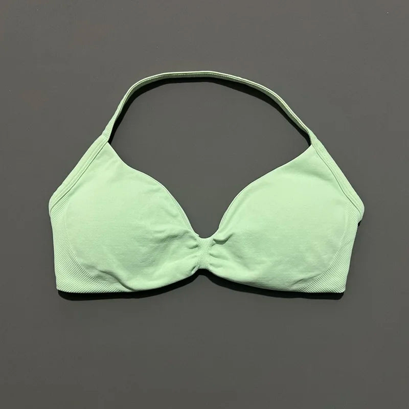 HISTELLO Impact Strappy Bra Gym Top Women High Support Thin Strap Halter Sports Seamless Bras Scrunch Push-up Workout Yoga Tanks