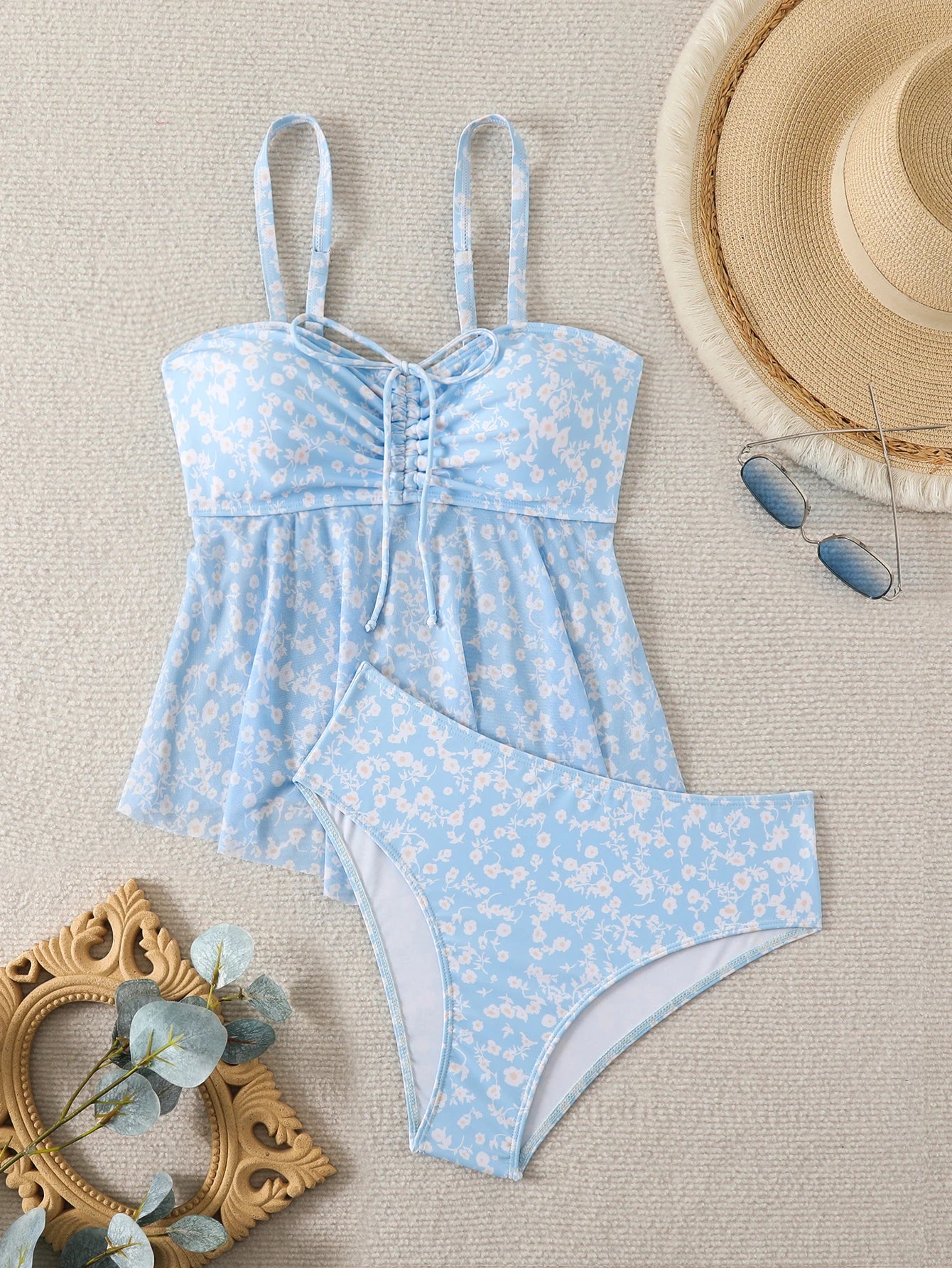 2026 Ruffle Tankini Two Pieces Strappy Swimsuit Women Drawstring Swimwear Female Bathers Bathing Swimming Swim Suit Beachwear