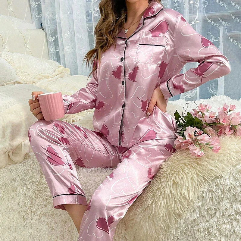 Cute Cat Print Pajama for Women Satin Long Sleeve Lapel Collar Tops & Pants Pyjama Loungewear for Fall Ladies Sleepwear Pj Sets