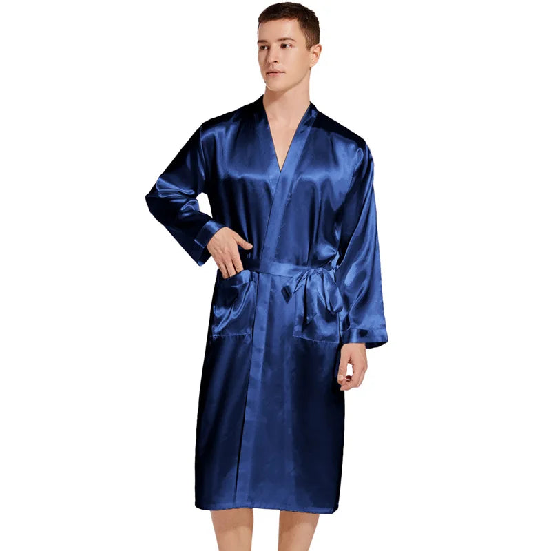 Summer New Men Solid Color Kimono Robe Satin Bathrobe Gown Summer New Sleepwear Loose Pijamas De Hombre Ice Silk Peignoir Homme