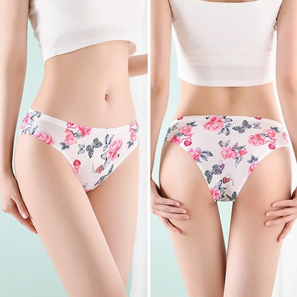 Ice Silk Seamless Flowers Panty Printed Women Panties Low-waist Sexy Lingerie Underwear Female Comfortable Cozy Sexy Lingerie