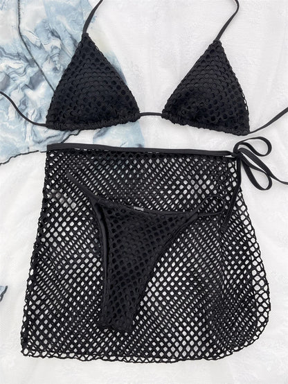 Sexy Mesh Bikini Thong Hollow Out Y2K Swimsuit Women Backless Cover Up Halter Swimwear 3 Piece Beach Outfit Bikinis Bathing Suit