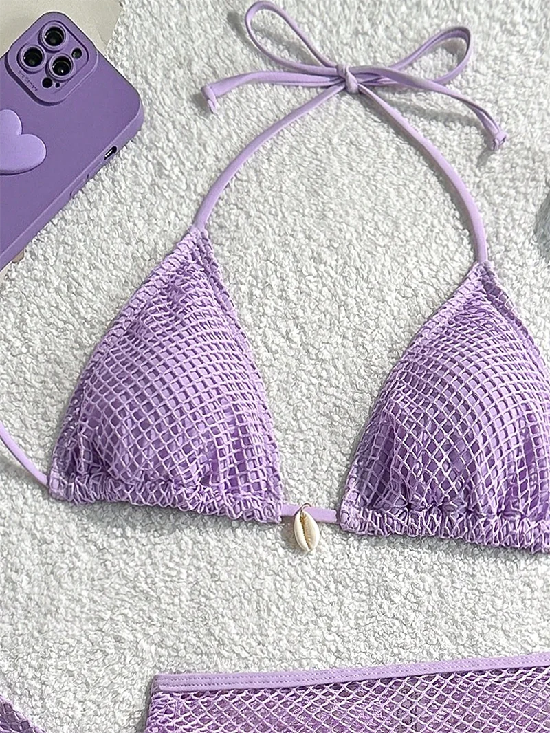 Lavender Eyed Mesh Bikini Three-Piece Set Beach Vacation Shell Necklace Strap Women's Swimsuit
