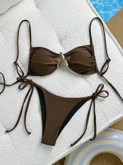 Women's Bikini Set Metal Starfish Swimsuit Tie Side 2 Pieces String Bathing Suit