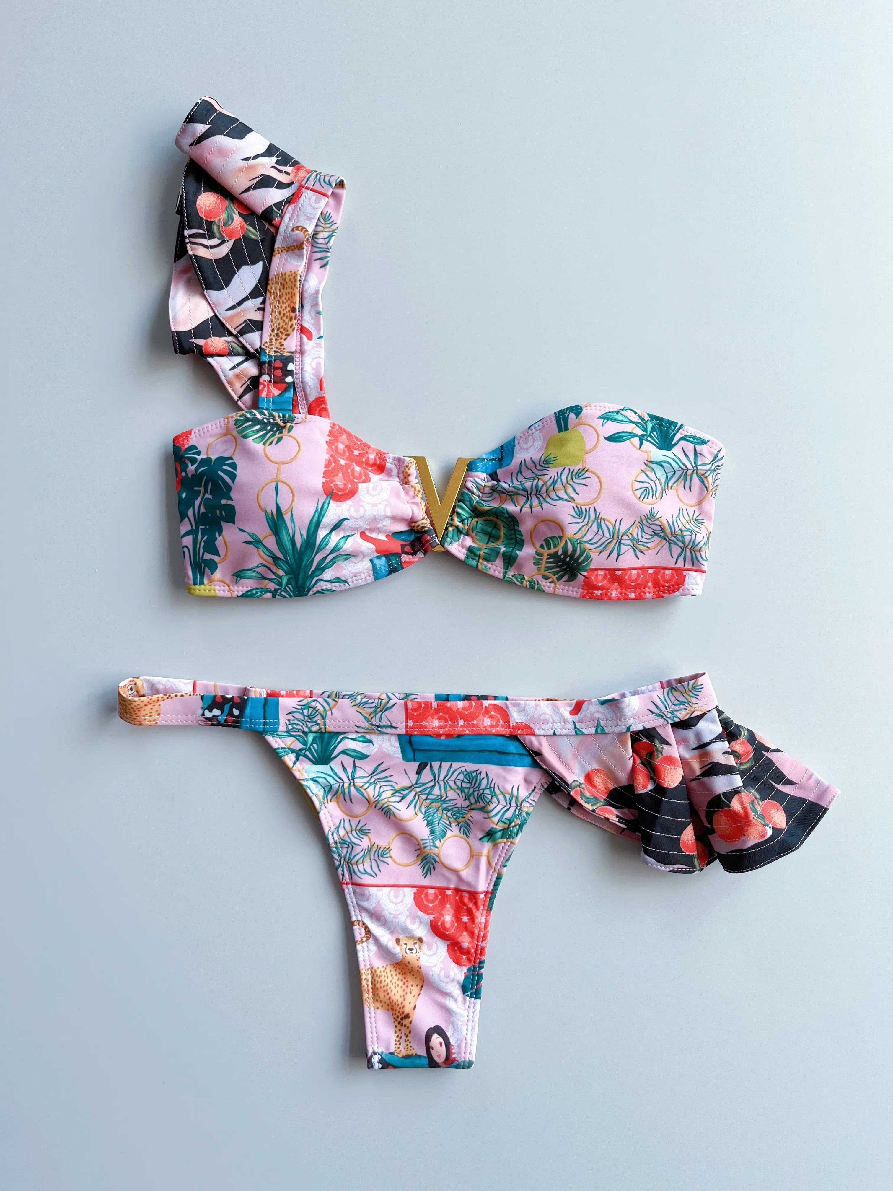 Two-Pieces Women Floral 2025 Push-Up Strappy Ruffles Bandage Bikini Set Swimsuit Swimwear Bathing Suit Beachwear Biquini