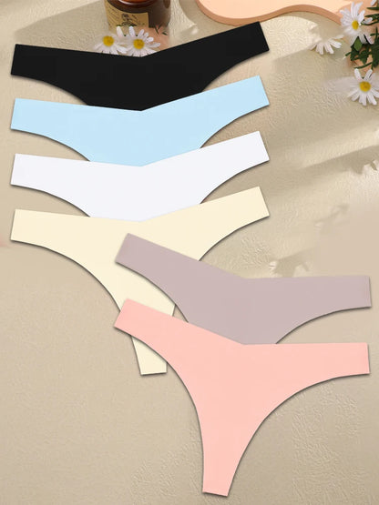 FINETOO 6PCS Women Ice Silk Seamless Underpants Panties Sexy V-Waist Sport Thongs Low Rise 10 Soild Colours Breathable G-string