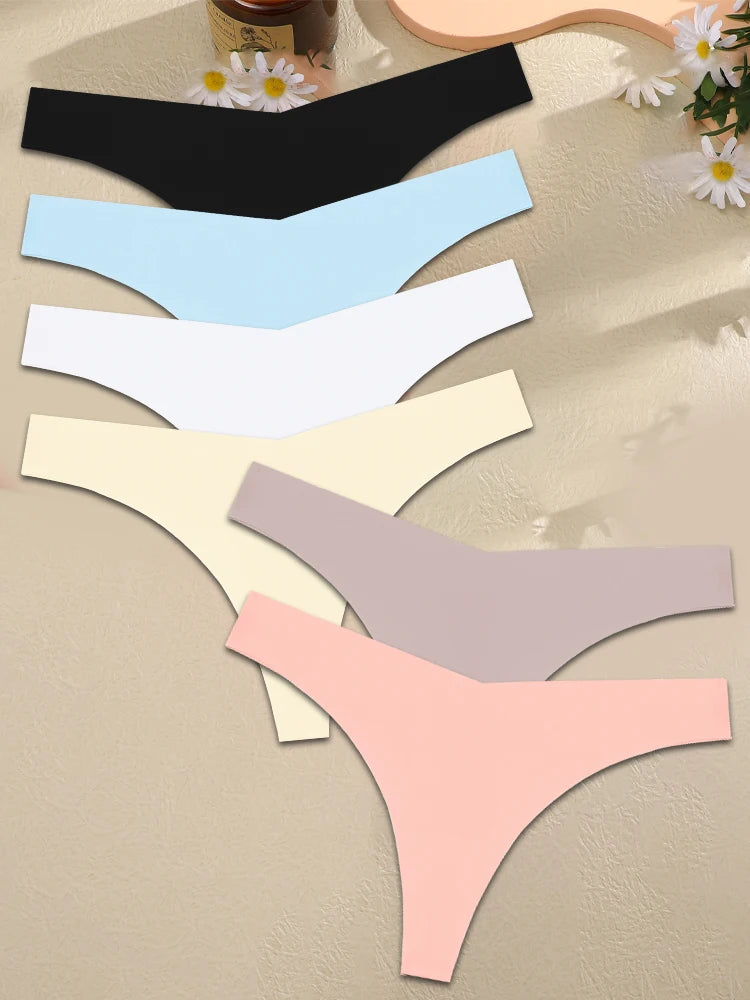 FINETOO 6PCS Women Ice Silk Seamless Underpants Panties Sexy V-Waist Sport Thongs Low Rise 10 Soild Colours Breathable G-string