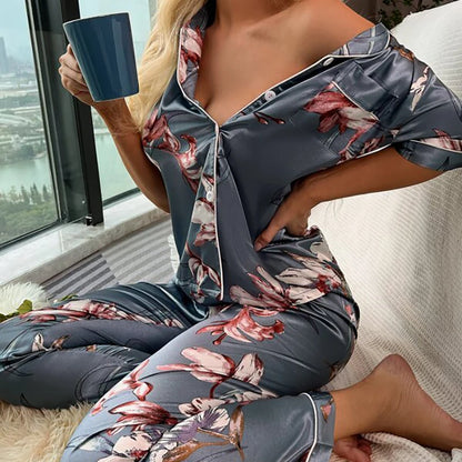 Women‘s Striped Printed Silk Satin Pajamas Summer Nightwear Trouser Suits Satin Set Woman 2 Pieces Short Sleeve Sleep Tops Night
