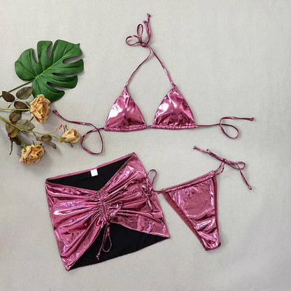 Shiny Golden Silver 3 Piece Bikini Set with Cover Up Sexy Micro Thong Swimsuit Women 2025 Drawstring Halter Swimwear Beachwear