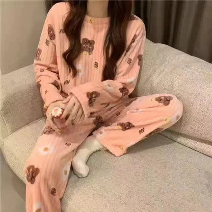Thiened Long Sve Coral Fce Pajamas Women's Winter Home Clothes Set Cute Cartoon Print round Ne Spwear Set for Youth