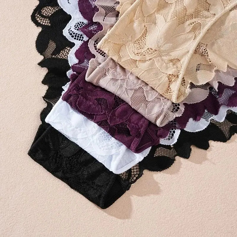 5PCS/Set Floral Lace Panties for Women Ladies Low Waist Sexy Lingerie Transparent Breathable Underwear Solid Color Briefs S-XL