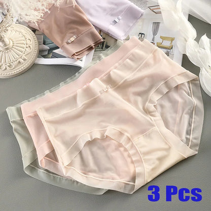 3PCS Women Panties Sexy Lingerie Ice Silk Quick Drying Briefs Female Seamless Underwear Solid Color Underpants Cool Panties