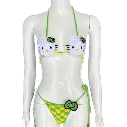 Sanrio Cute Bikini Set Crochet Girls Swimsuit Hello Kitty Sexy Bathing Suit Kwaii Women Swim Suit Bandage Micro Bikinis Swimwear