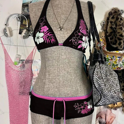 UETEEY 2025 New Summer Swimwear Bikinis Set Sexy Printed Lace Back Naked Bikini 2 Pieces Set Women's Swimwear Slit Beach Bikini