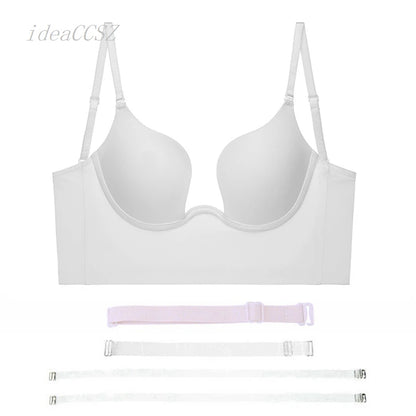 Women Invisible Bra Deep U Plunge Bras Backless Top for Dresses Sexy Lingerie with Transparent Strap Push Up Strapless Underwear