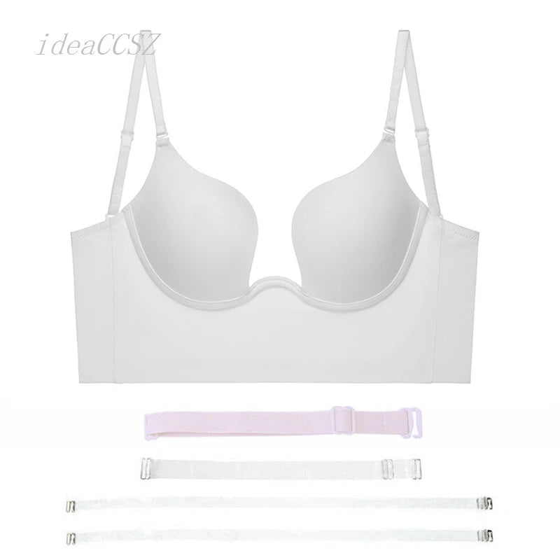 Women Invisible Bra Deep U Plunge Bras Backless Top for Dresses Sexy Lingerie with Transparent Strap Push Up Strapless Underwear