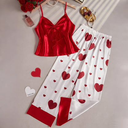 Women Satin Silk Pajamas Sets 2pcs Camisole Top With Tie Knot Heart Print Wide Leg Pants Sleepwear Ladie Sexy Lingerie Pyjamas